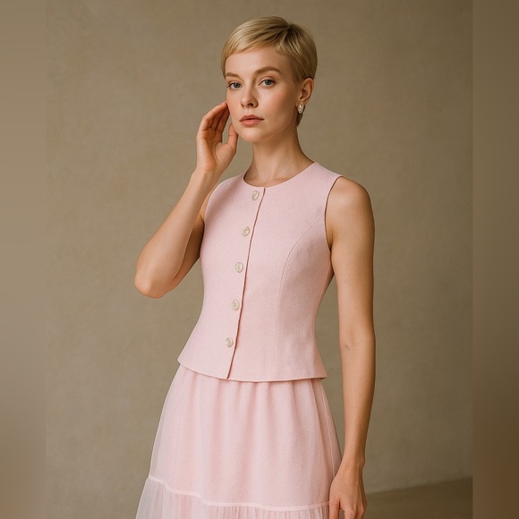 Elegant Pink Sleeveless Vest with Short, sheer organsa Skirt Set-Missing labels - Picture 1 of 5